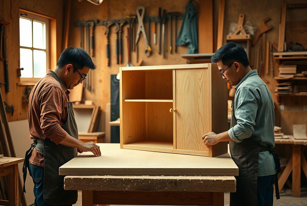 Timberline craftsmen assembling a custom cabinet at the workshop bench