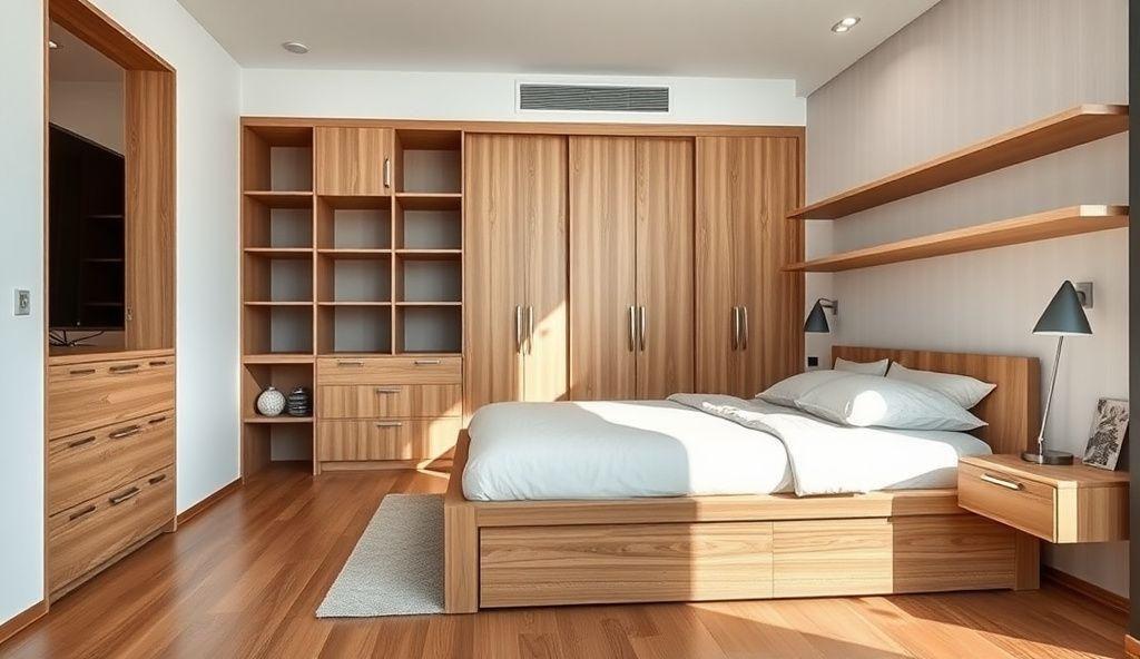 Compact condo bedroom with built-in storage bed and floating shelves
