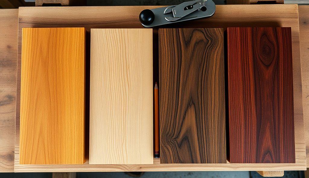 Sample boards of teak, walnut, nyatoh and meranti laid on a workbench