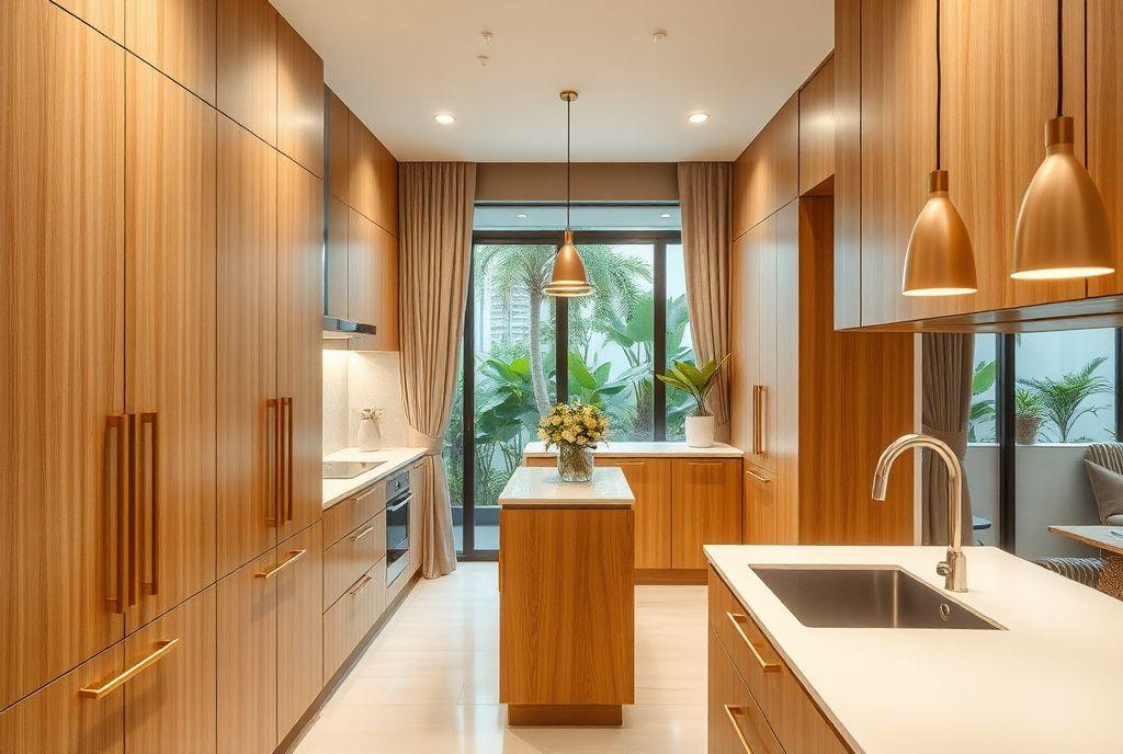 Oak galley kitchen with brass handles built by Timberline Craft Studio