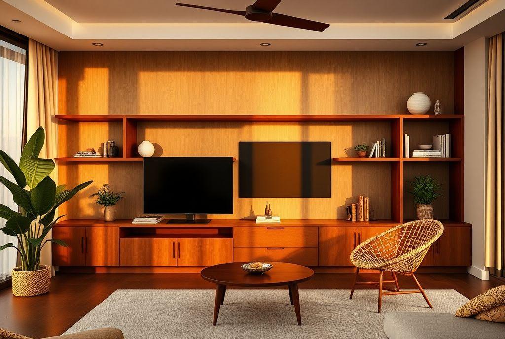 Floor-to-ceiling teak media wall with open shelving built by Timberline