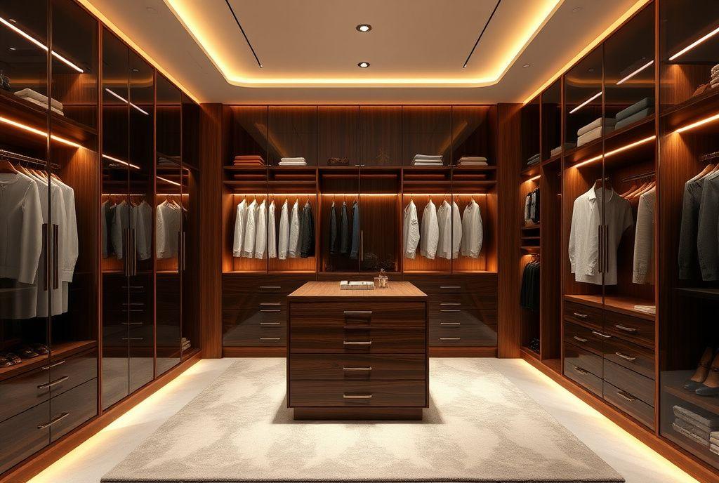 Walnut walk-in wardrobe with glass display doors and island drawers
