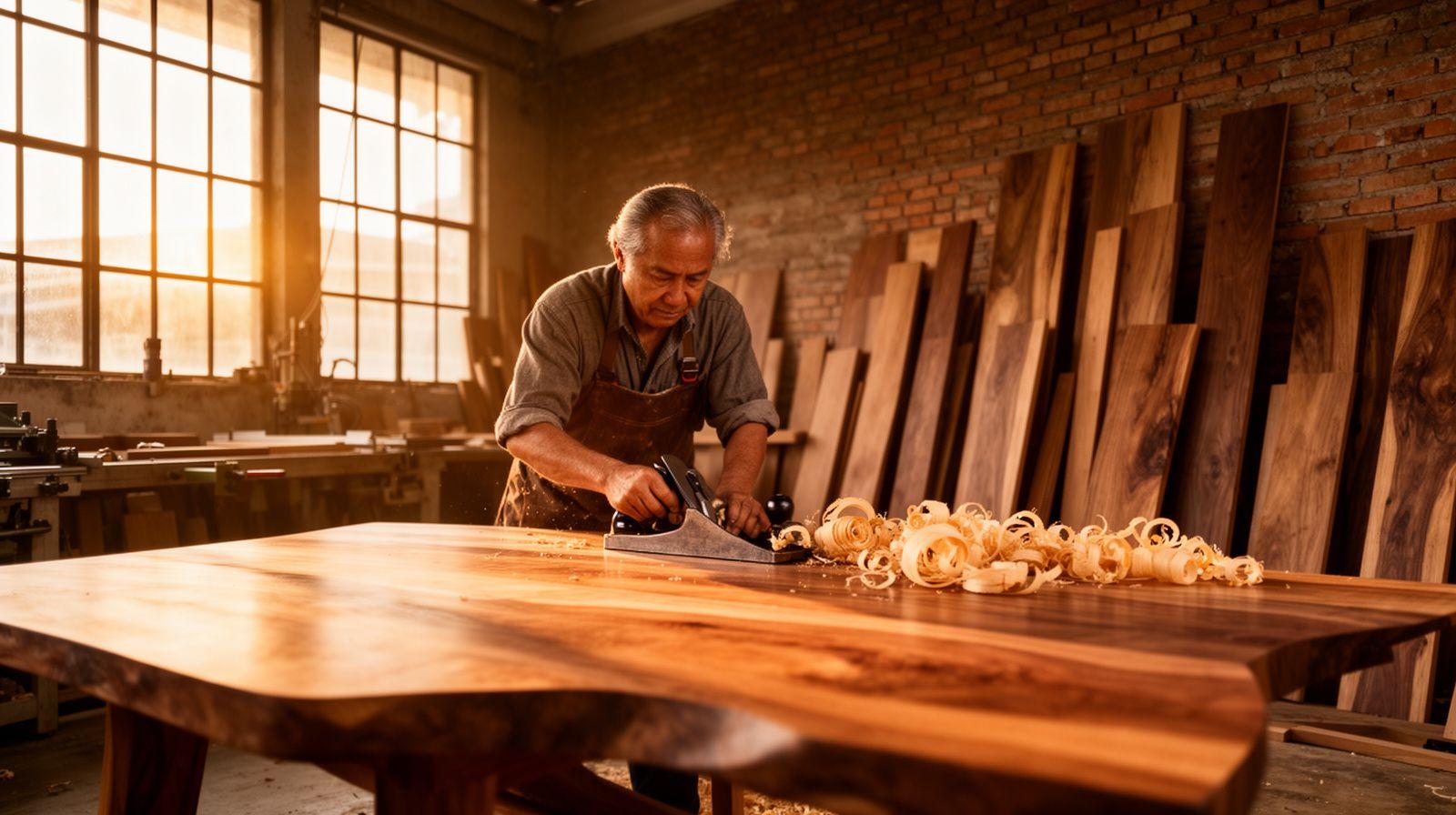 Master carpenter shaping a walnut tabletop inside the Timberline workshop in Kuala Lumpur